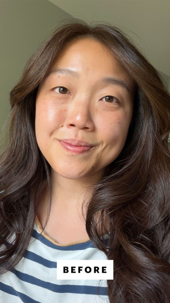 Allure contributing commerce writer Christa Joanna Lee before applying the Supergoop Unseen Sunscreen SPF 50