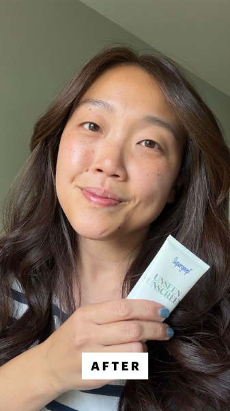 Allure contributing commerce writer Christa Joanna Lee after applying the Supergoop Unseen Sunscreen SPF 50