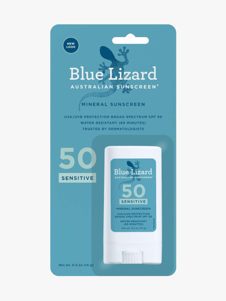 Blue Lizard Sensitive Mineral Sunscreen Stick SPF 50+ in branded component on a light gray background